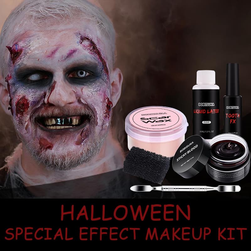Halloween Special Effects Makeup Kit - 6 Pieces with Blood Gel, Latex, and Tools