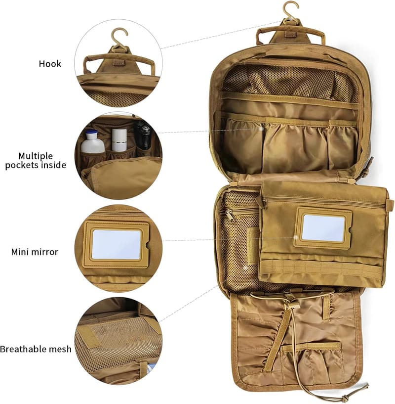 Men's Travel Dopp Kit - Durable Hanging Toiletry Bag, Khaki
