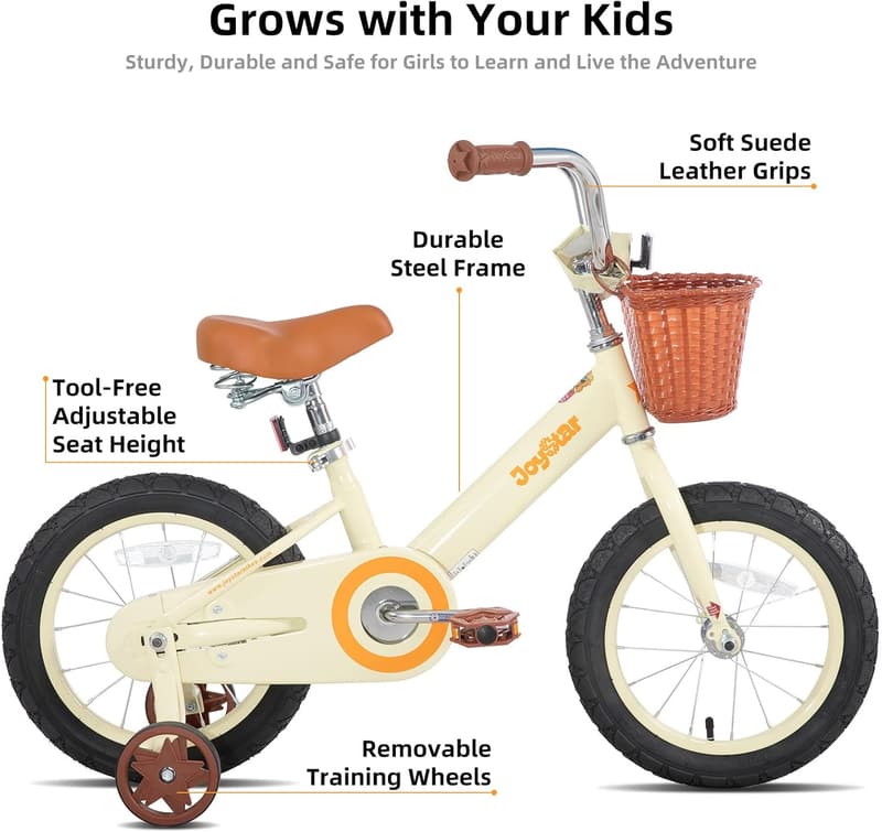Vintage Kids Bike with Training Wheels & Basket for Ages 2-14