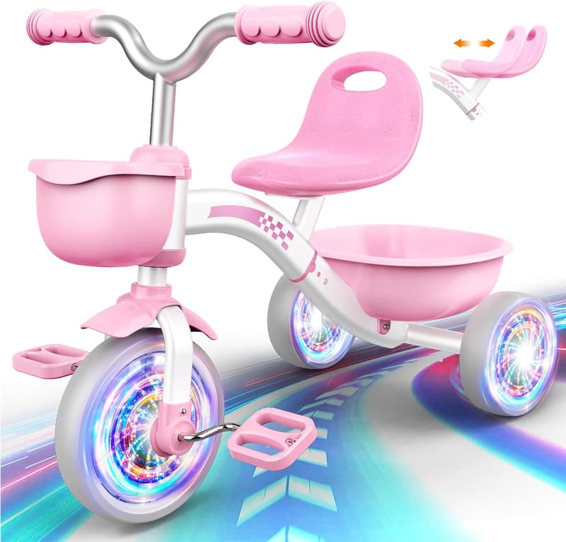 Toddler Tricycle with Adjustable Seat - Pink Birthday Gift for Girls
