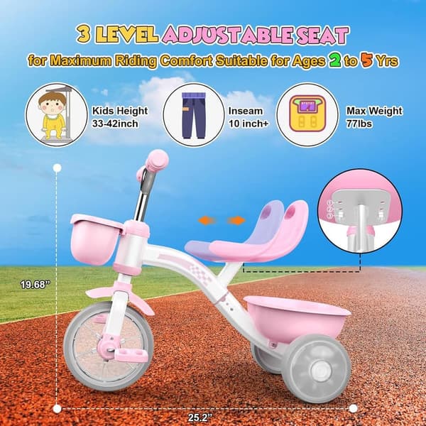 Toddler Tricycle with Adjustable Seat - Pink Birthday Gift for Girls
