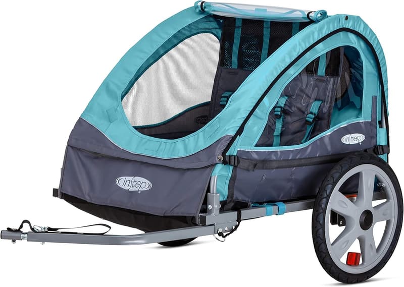 Kids' Bike Trailer - 2 Seats, Folding Frame, Bug Screen & Weather Shield