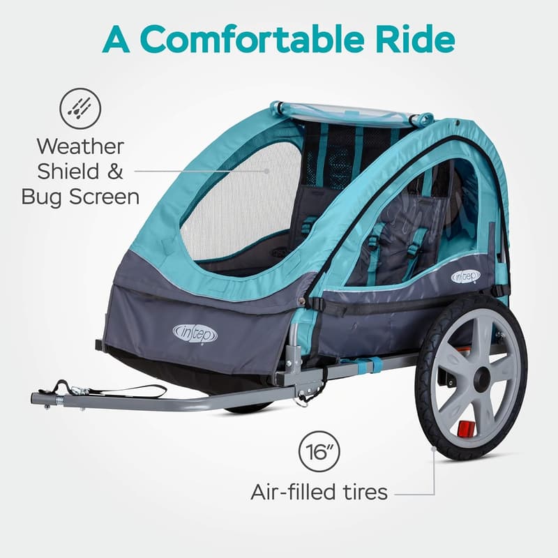 Kids' Bike Trailer - 2 Seats, Folding Frame, Bug Screen & Weather Shield