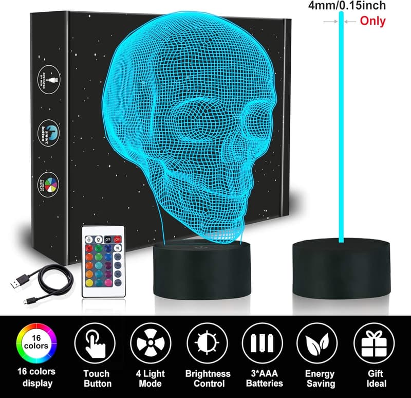 Halloween 3D Skull Lamp with Remote Control, 16 Colors