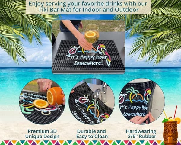Happy Hour Tiki Bar Rubber Mat – 18x12 in Outdoor Decor