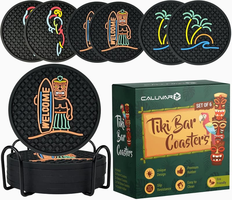 Tiki Bar Coasters Set with Holder - Silicone Hawaiian Decor