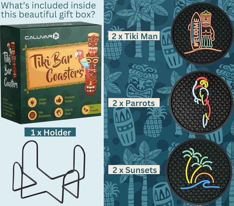 Tiki Bar Coasters Set with Holder - Silicone Hawaiian Decor