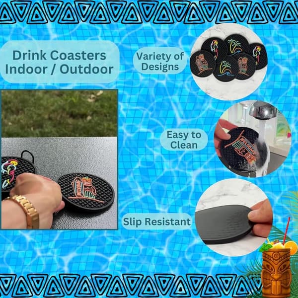 Tiki Bar Coasters Set with Holder - Silicone Hawaiian Decor