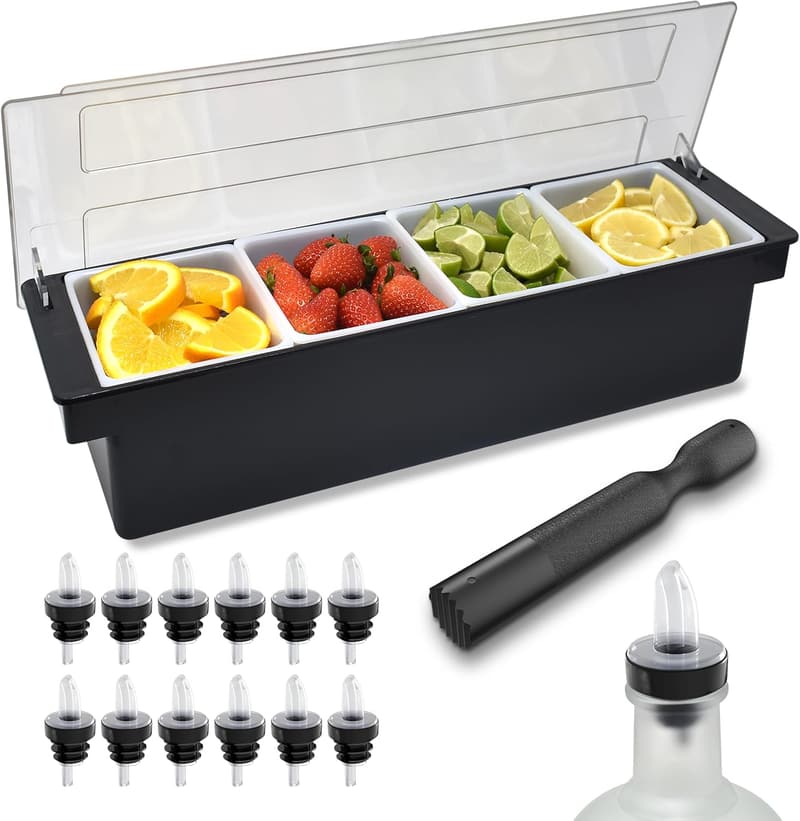 Essential Bar Supplies Condiment Caddy with 12 Pourers & Muddler
