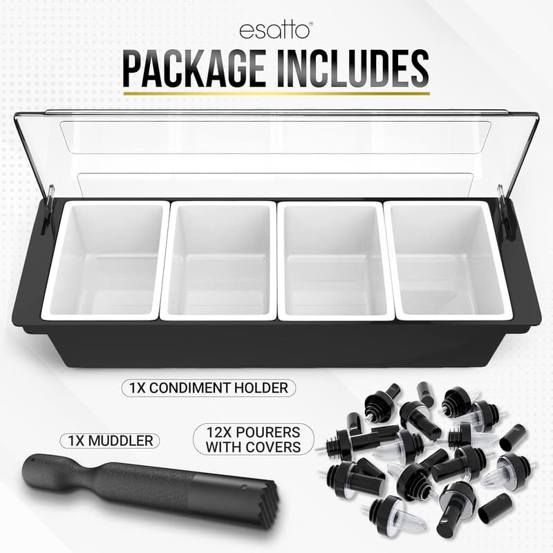 Essential Bar Supplies Condiment Caddy with 12 Pourers & Muddler