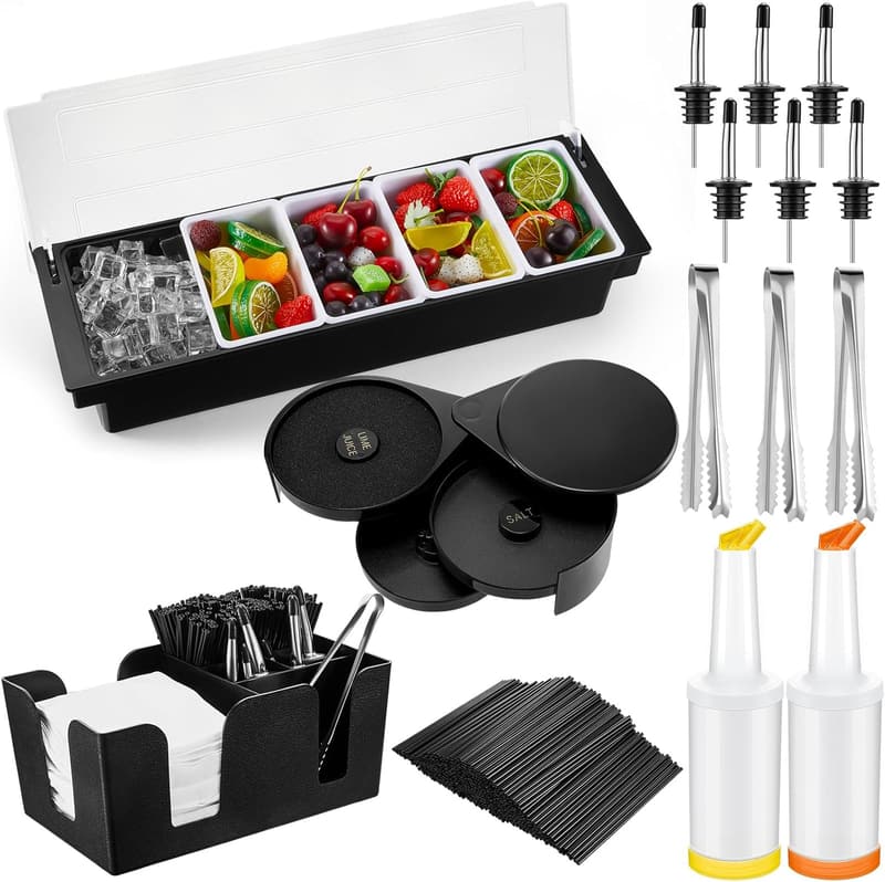 Bar Caddy Garnish Tray Set with Lid & 12 Pourers