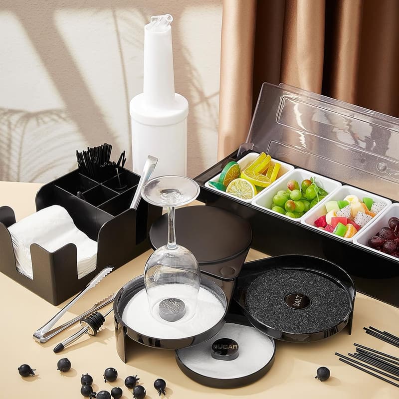 Bar Caddy Garnish Tray Set with Lid & 12 Pourers