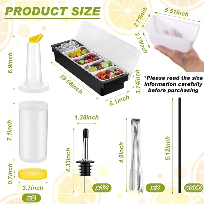Bar Caddy Garnish Tray Set with Lid & 12 Pourers