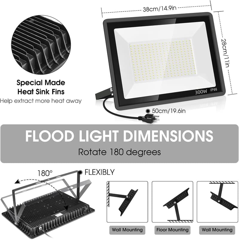 300W LED Flood Light - 2 Pack, 43500LM, IP66 Waterproof