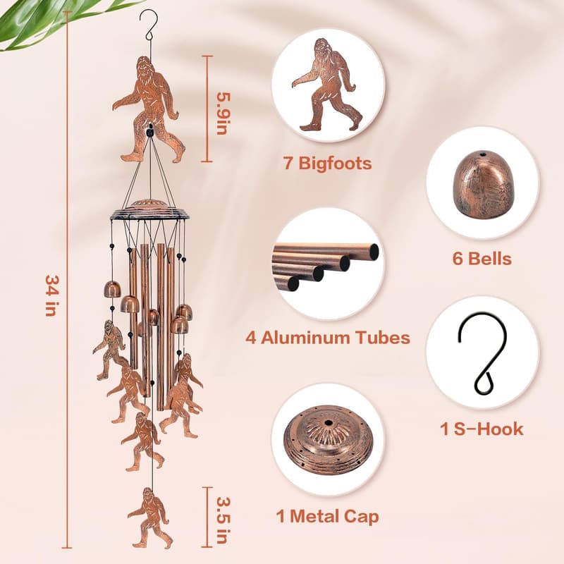 Bigfoot Wind Chimes - Metal Outdoor Decor Gift for Men