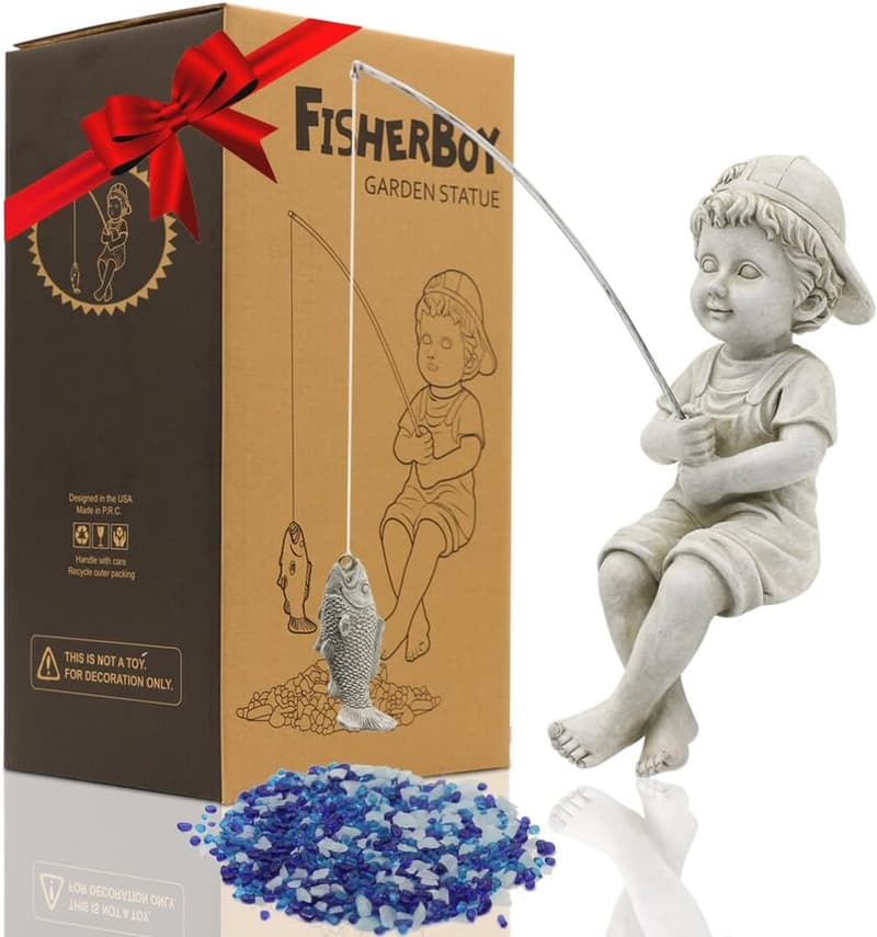 Fisherboy Garden Statue with Glow-in-the-Dark Pebbles