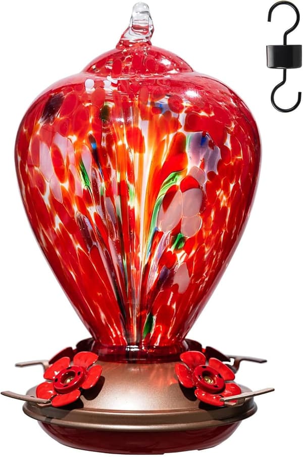 Hummingbird Feeder with Ant Moat - 34oz Hand Blown Glass for Mom