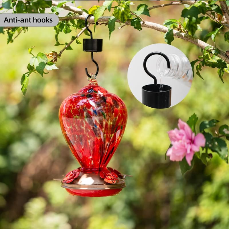 Hummingbird Feeder with Ant Moat - 34oz Hand Blown Glass for Mom