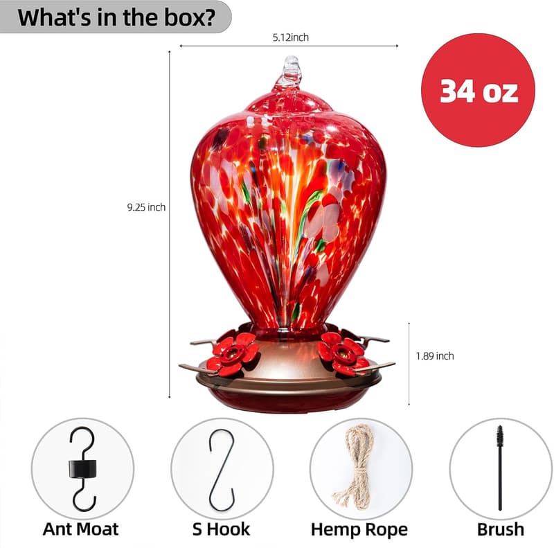 Hummingbird Feeder with Ant Moat - 34oz Hand Blown Glass for Mom