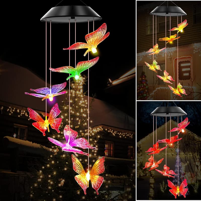 Color Changing Purple Butterfly Solar Wind Chimes for Mom