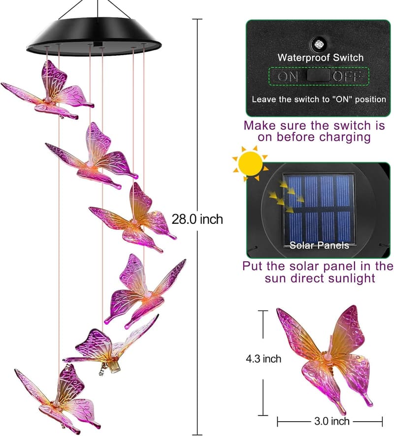 Color Changing Purple Butterfly Solar Wind Chimes for Mom