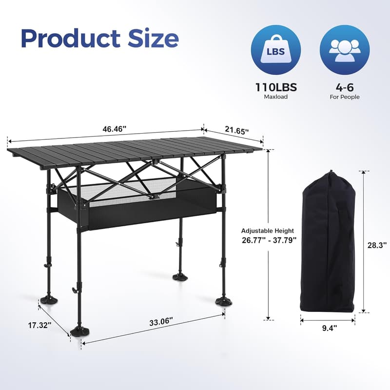Portable Adjustable Aluminum Camping Table with Storage