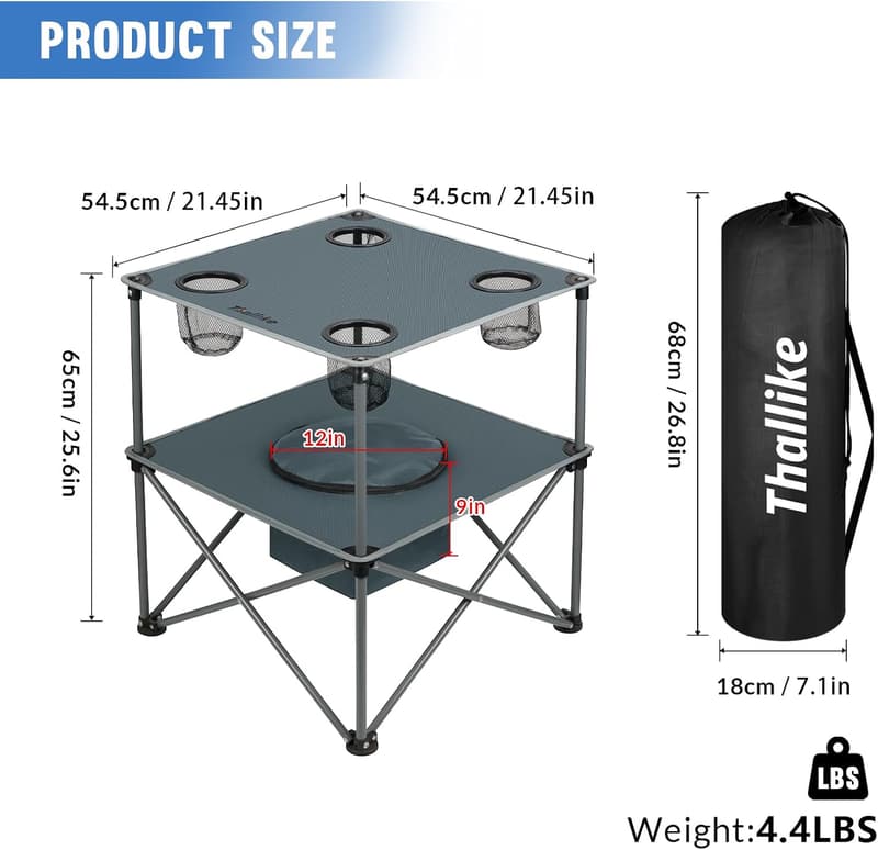 Folding Picnic Table with Cooler and Cup Holders - Grey