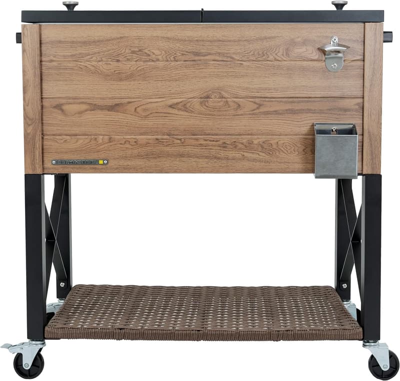 Outdoor Patio Cooler - 80-Qt Oak Wood Style with Wicker Base