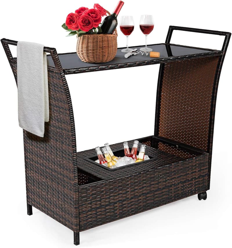Outdoor Wicker Bar Cart with Wheels & Ice Bucket for Patio