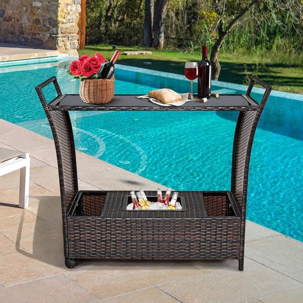 Outdoor Wicker Bar Cart with Wheels & Ice Bucket for Patio