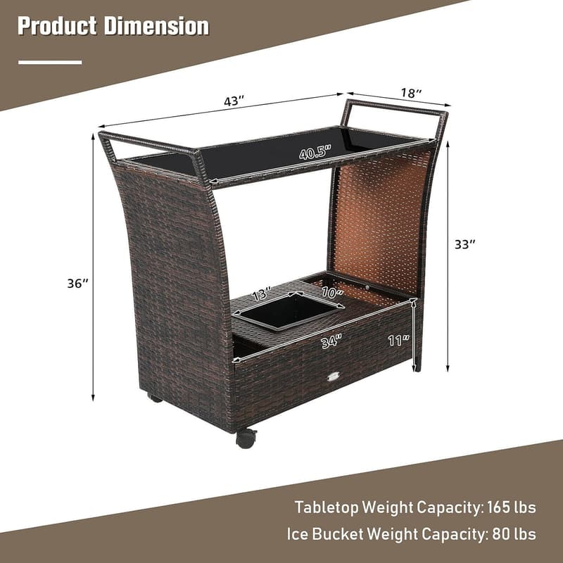 Outdoor Wicker Bar Cart with Wheels & Ice Bucket for Patio