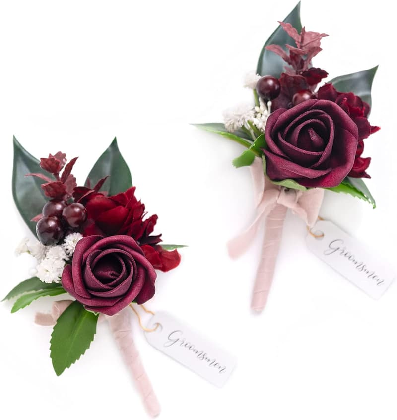 Burgundy Artificial Flower Boutonniere Set for Men