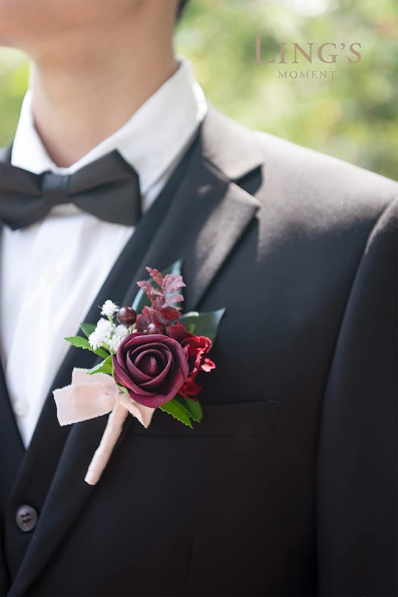 Burgundy Artificial Flower Boutonniere Set for Men