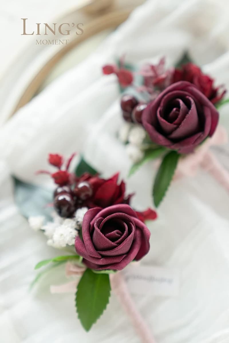 Burgundy Artificial Flower Boutonniere Set for Men