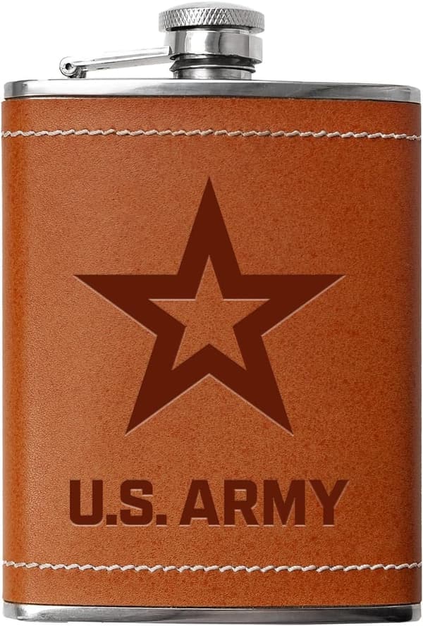 US Army Gifts: Leather-Wrapped 8 oz Stainless Steel Flask