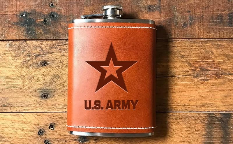 US Army Gifts: Leather-Wrapped 8 oz Stainless Steel Flask