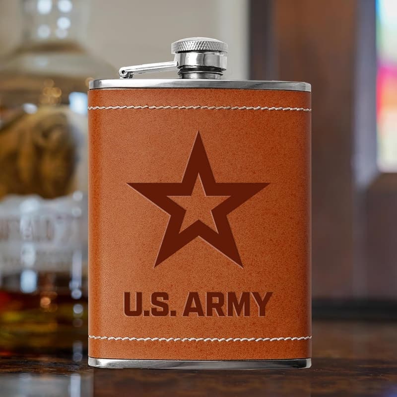 US Army Gifts: Leather-Wrapped 8 oz Stainless Steel Flask