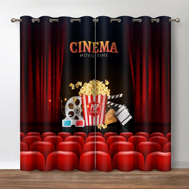Cinema Theater Blackout Curtains - Red Clapboard Print, 2 Panels 52x84