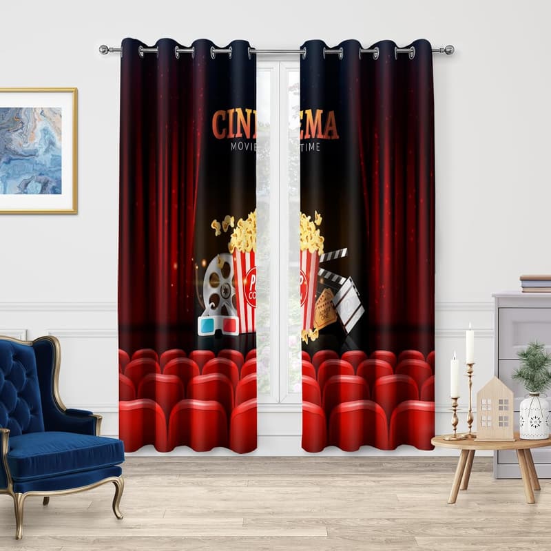 Cinema Theater Blackout Curtains - Red Clapboard Print, 2 Panels 52x84