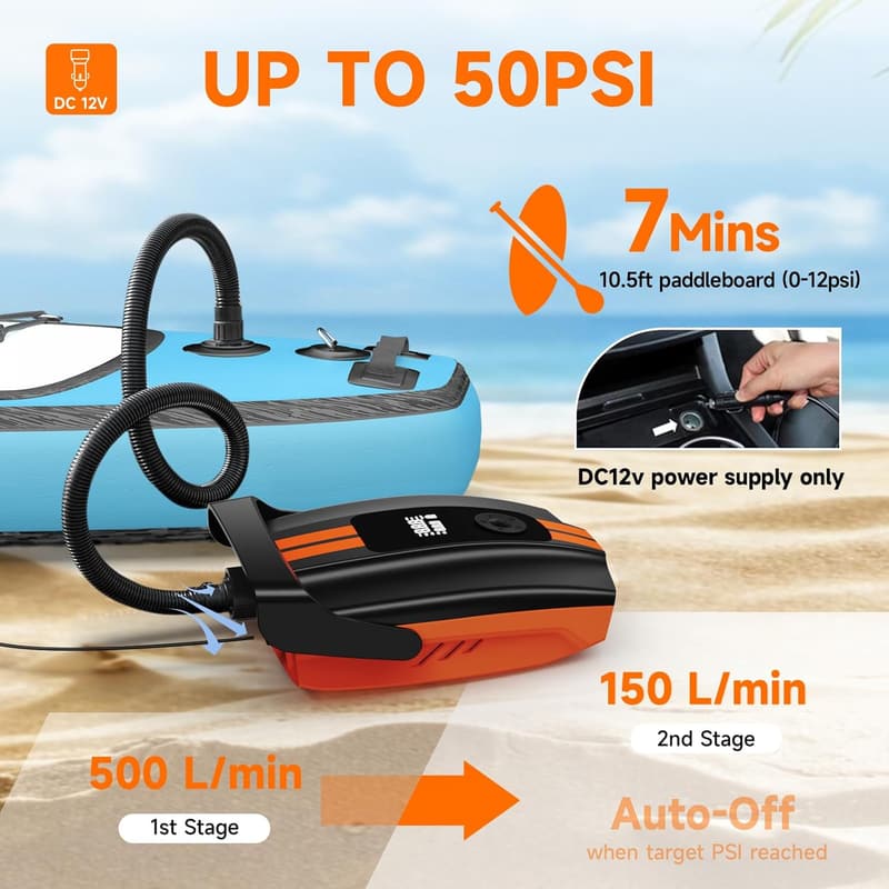 Portable Electric Paddle Board Pump with Dual Stage Inflation & Auto-Off