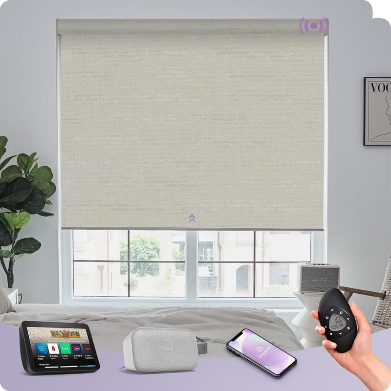 Smart Blackout Roller Shades - Motorized, Cordless, Custom Size (Beige White)