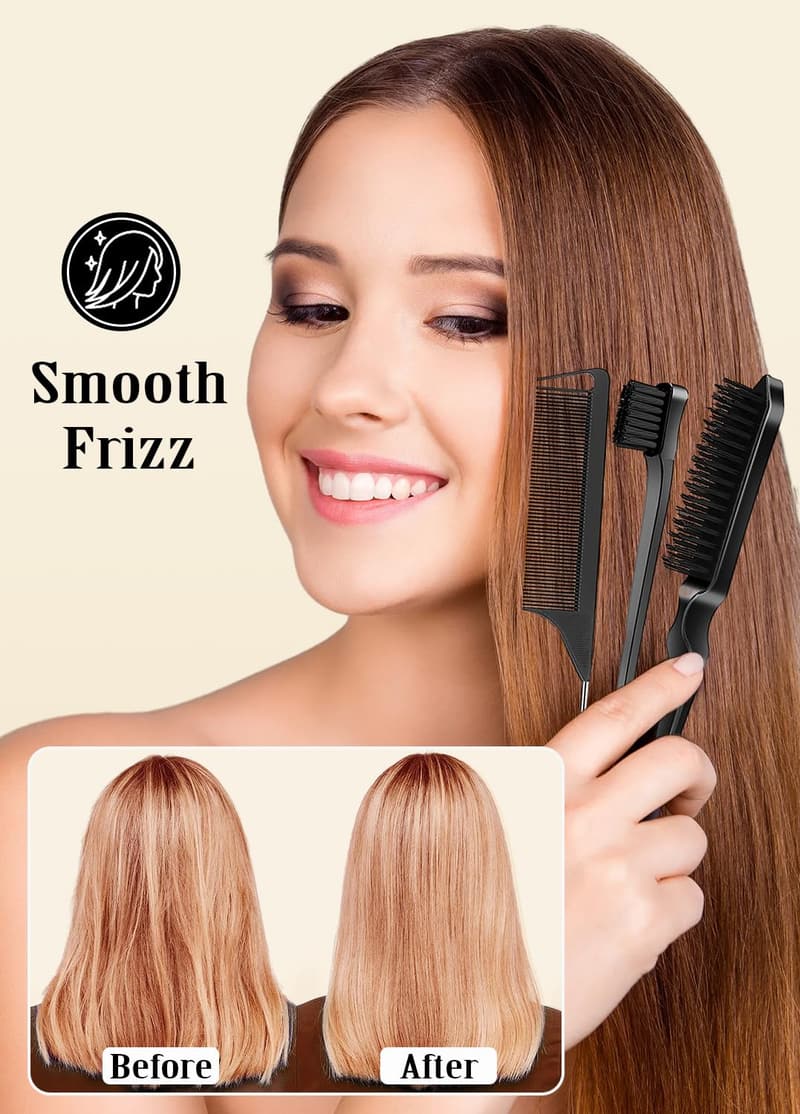 Hair Styling Kit: Edge Brush, Rat Tail Comb, Smoothing Brush