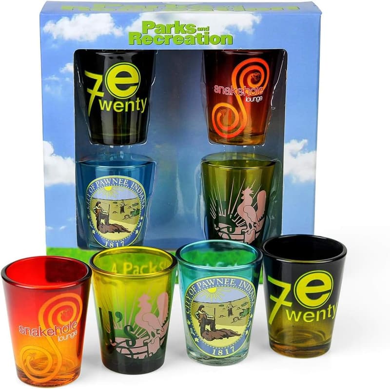Parks and Recreation 4-Piece Shot Glass Set with Location Logos