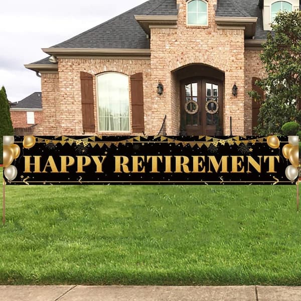 Happy Retirement Banner - Black and Gold Party Decoration (9.8x1.6ft)
