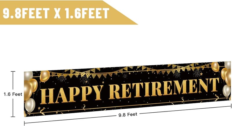 Happy Retirement Banner - Black and Gold Party Decoration (9.8x1.6ft)
