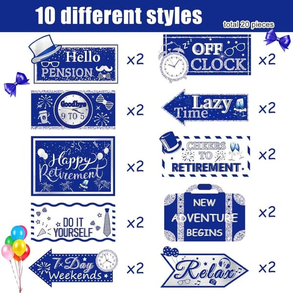 Happy Retirement Party Decorations - 20 Piece Set, Blue/Silver/White