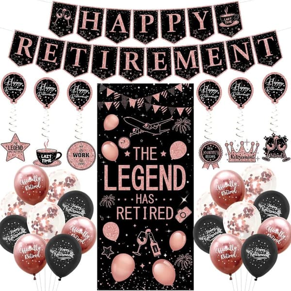 Retirement Party Decorations Kit - Black & Pink Banner, Balloons, Backdrop