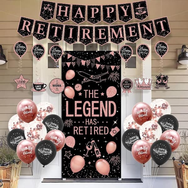 Retirement Party Decorations Kit - Black & Pink Banner, Balloons, Backdrop