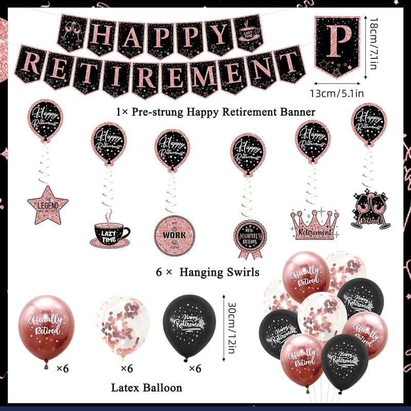 Retirement Party Decorations Kit - Black & Pink Banner, Balloons, Backdrop