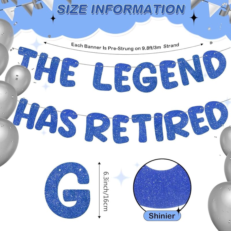 Retirement Party Glitter Banner Garland - 9.8 ft Decor for Him/Her